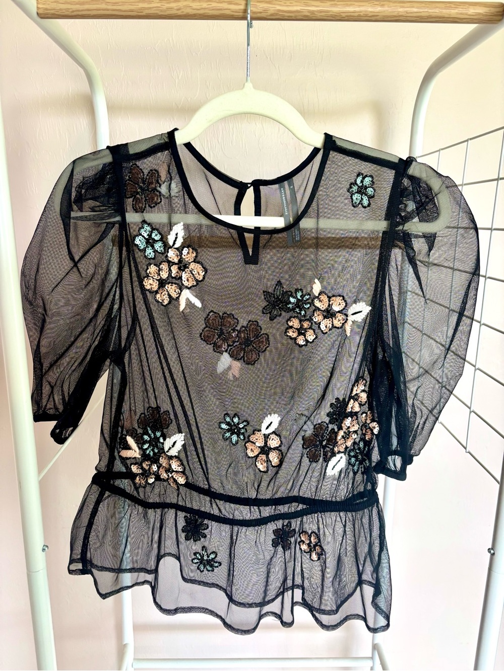 Anthropologie Black Sheer Floral Embroidered Peplum Blouse